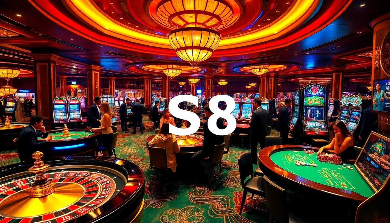 S8 casino players enjoying a thrilling game of poker and spinning roulette in an elegant atmosphere.