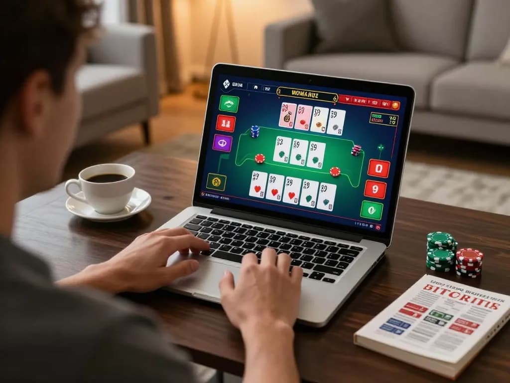 Engaged player at the nhà cái mm88 online casino, focusing on a blackjack game on laptop, showcasing high-stakes gameplay