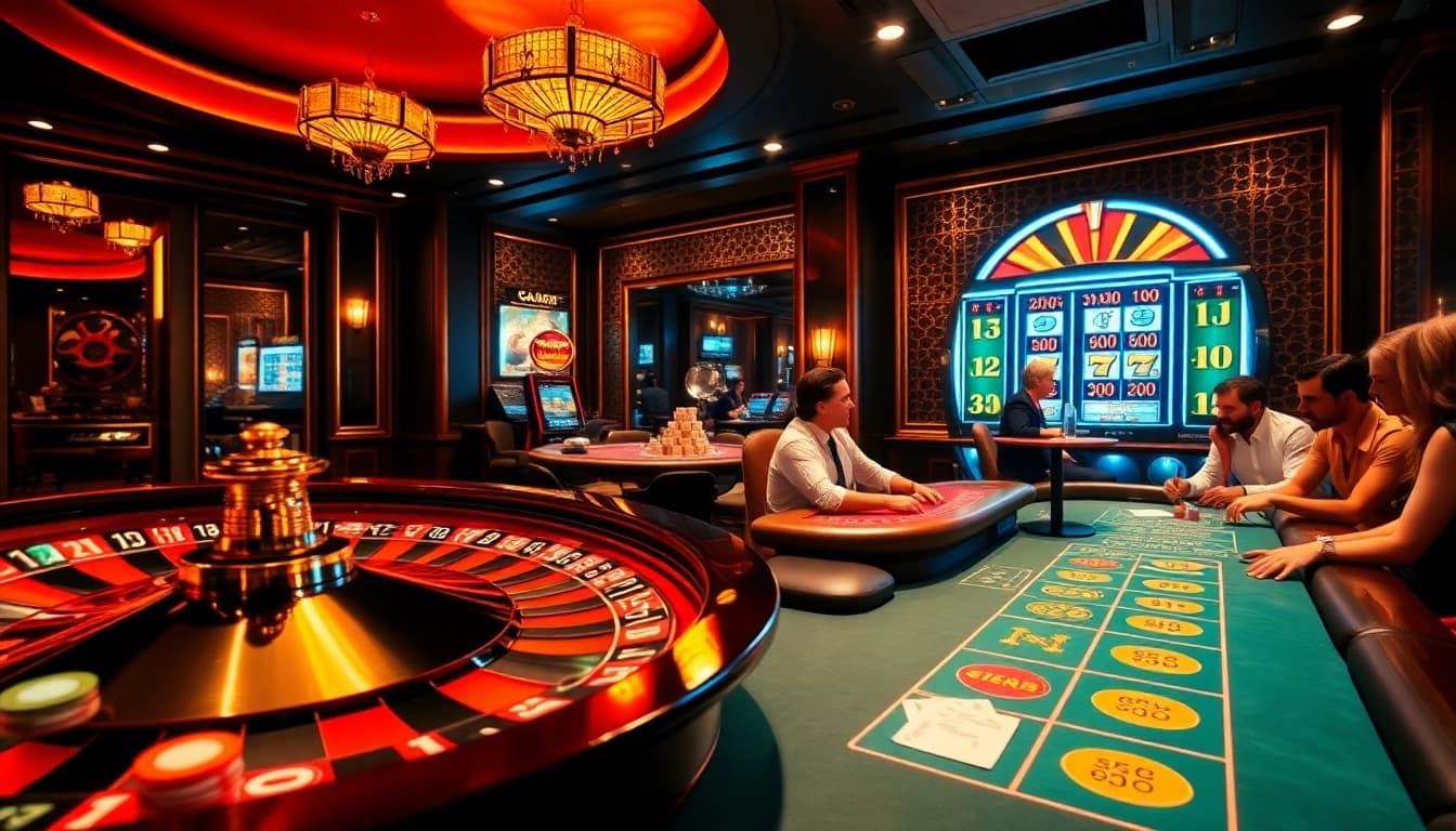 Excited players at poker and roulette tables, celebrating wins at https://mb668.co/ in a luxurious casino environment.