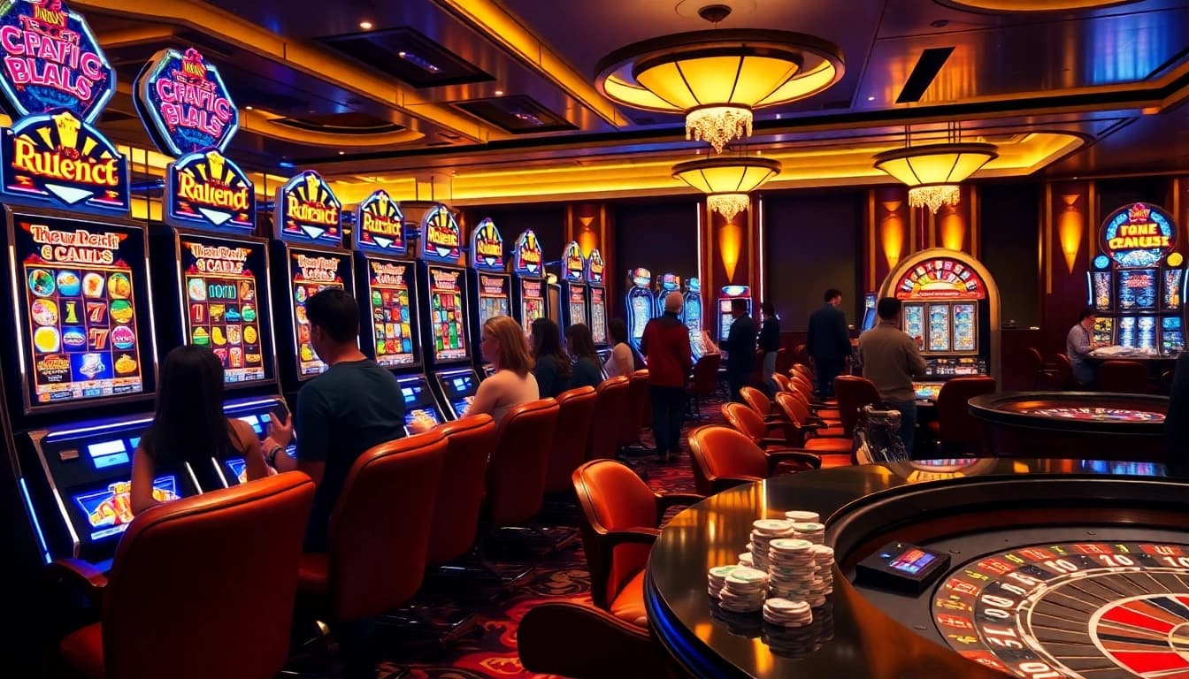 Players enjoying slot machines in a lively casino atmosphere with vibrant lighting and excitement.
