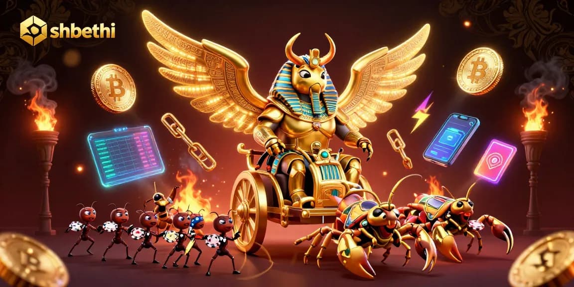 Experience thrilling gameplay at shbethi with a colossal golden scarab beetle in a vibrant casino scene.