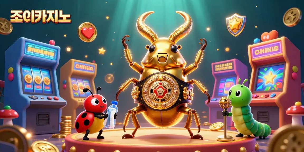 Experience the thrilling action at 조이카지노 with a dynamic casino scene featuring a golden stag beetle champion, vibrant games, and engaging energy.