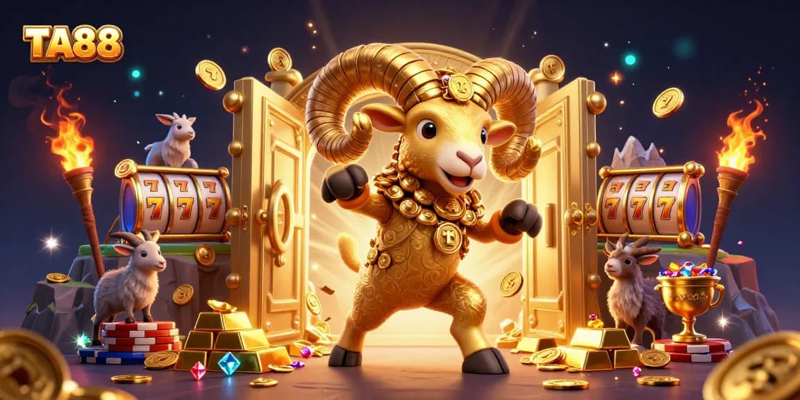 Experience excitement at TA88 with golden ram and vibrant gambling elements in a dazzling casino scene.