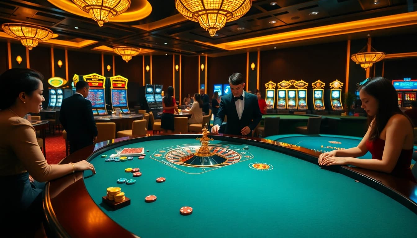 Experience thrilling gameplay at LC88's vibrant casino table with colorful chips and roulette.