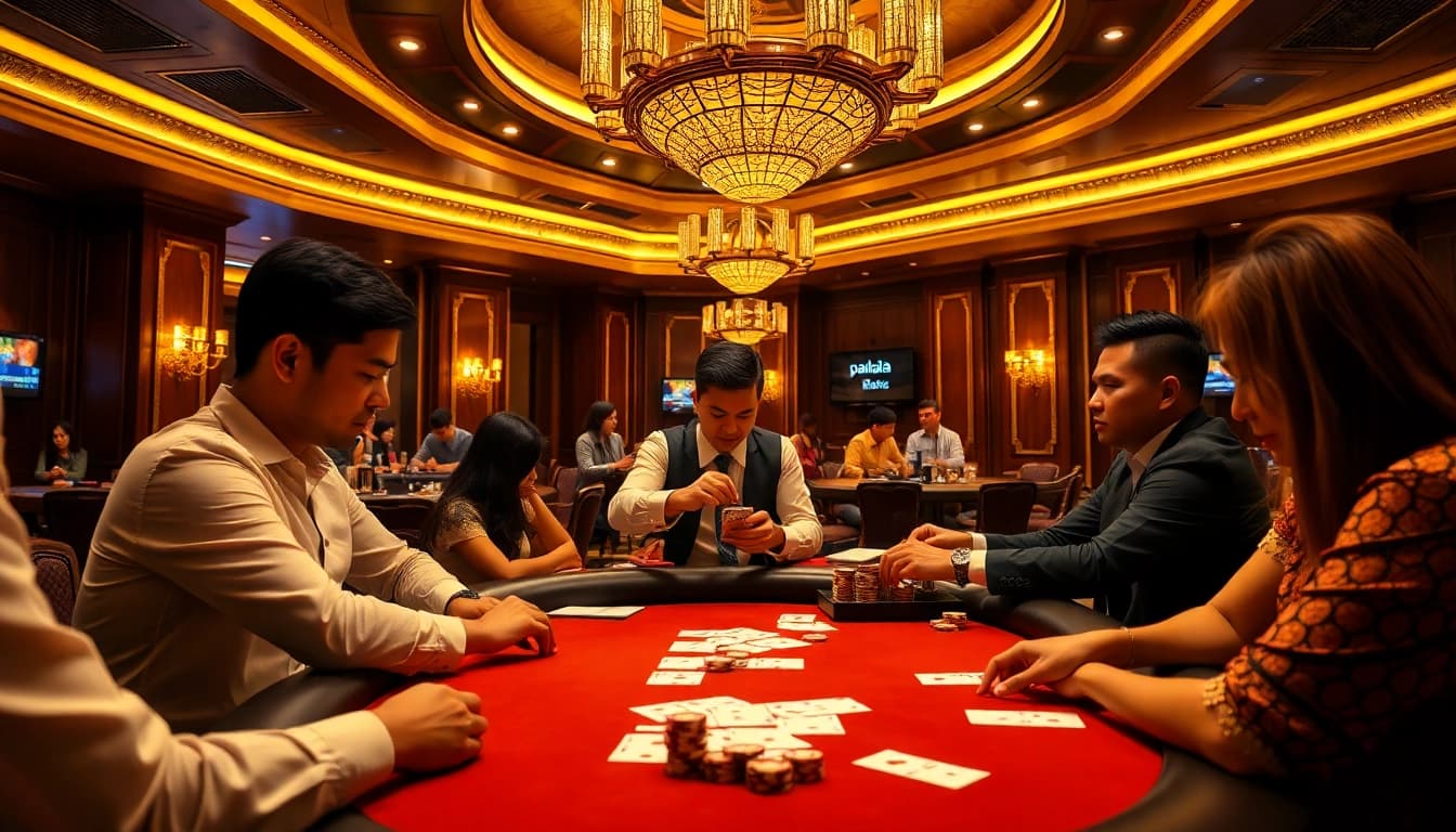 Pahala4d players strategizing during a high-stakes poker game in a luxurious casino.