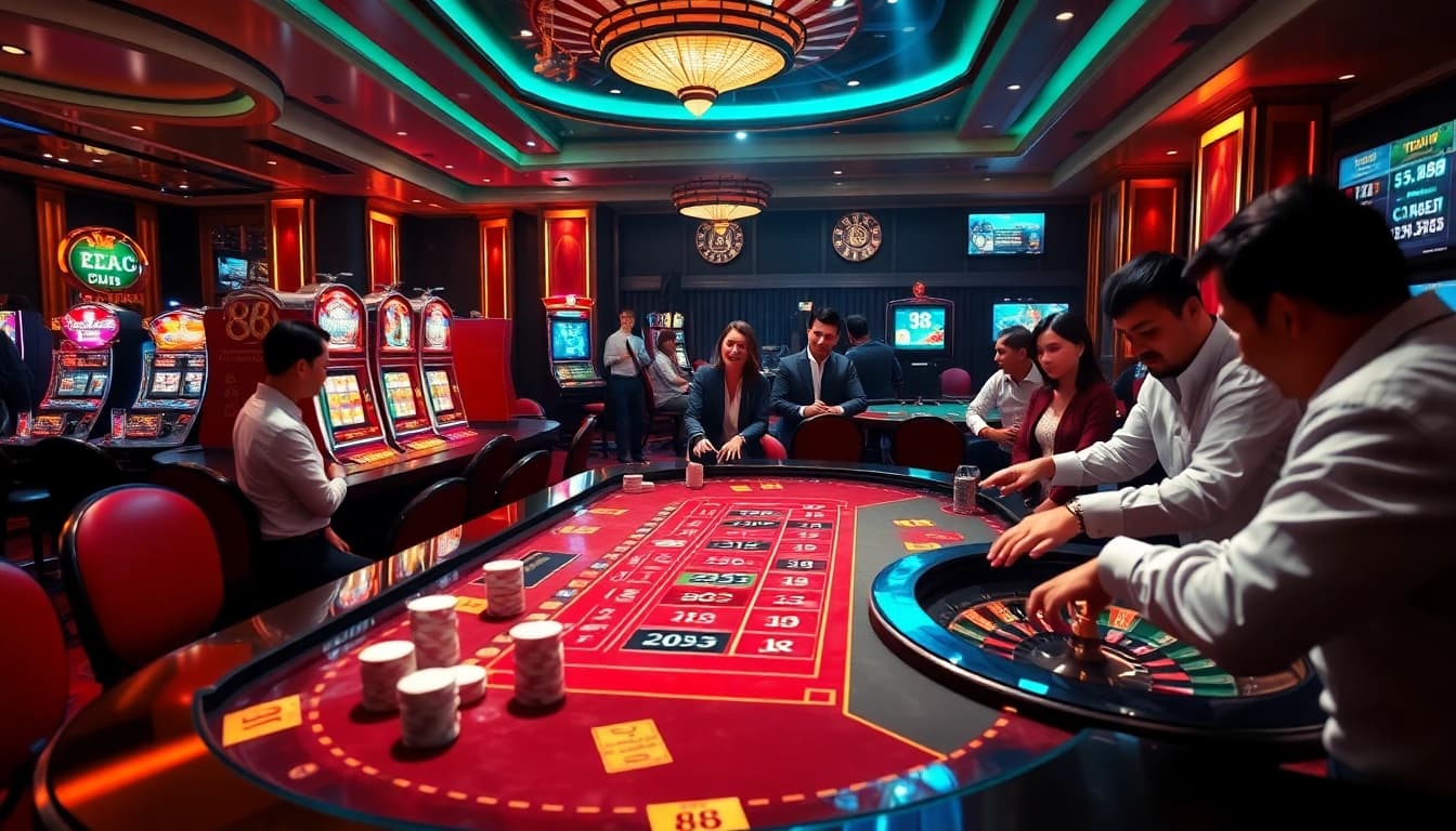 Players enjoying an exciting casino experience at 88i with vibrant slot machines and poker chips.