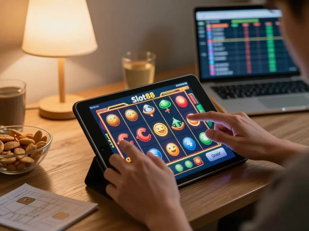 Engaging player wins on Slot88 game using tablet in cozy home environment