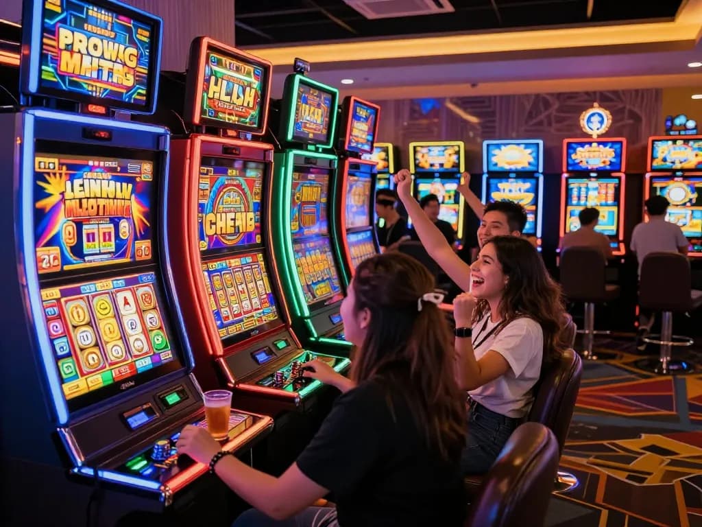 Pemain yang terlibat menikmati keseruan mesin slot link di suasana kasino yang penuh warna.