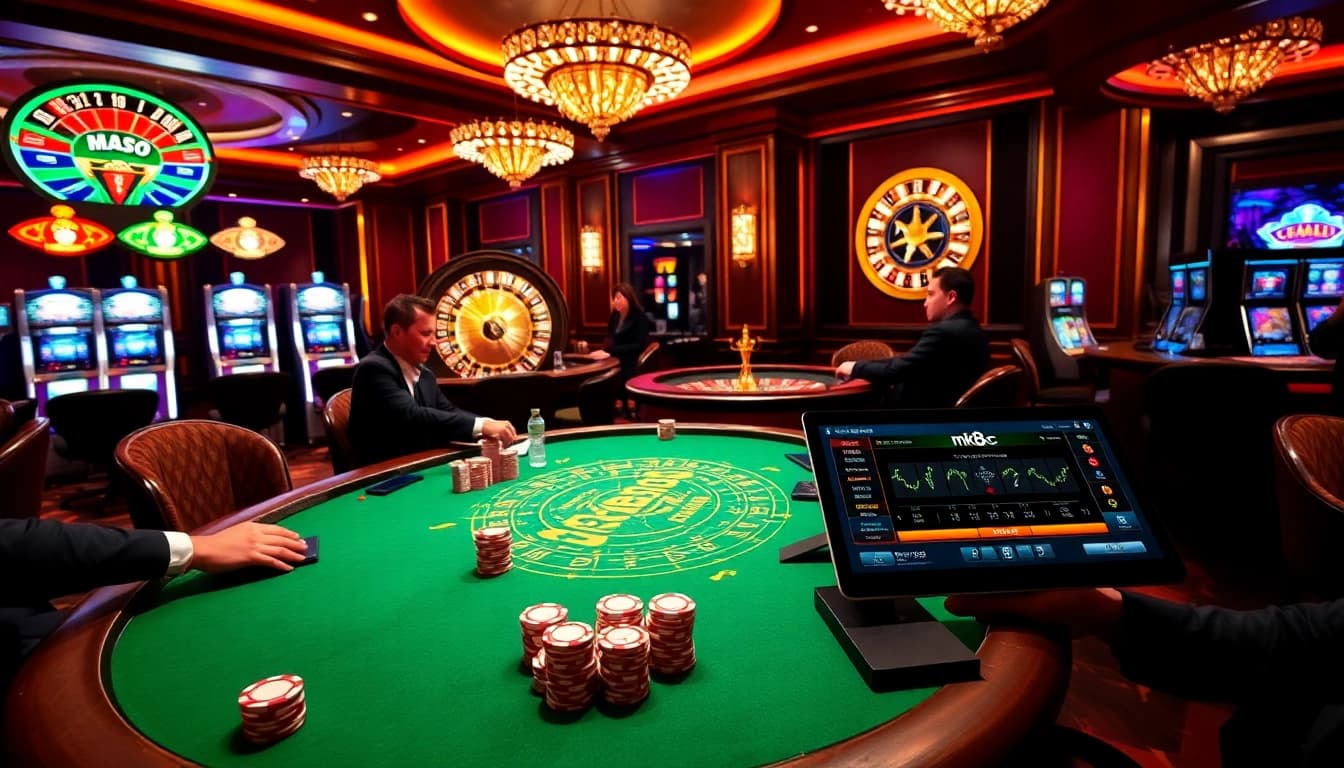 Experience lively poker gameplay and vibrant casino atmosphere from https://mk8.ac/ featuring poker tables and slot machines.