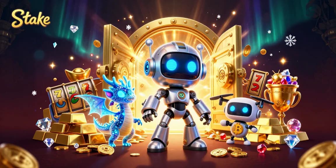 Bet big on Stake with an ultra-detailed 3D illustration featuring crypto mascots and treasures.