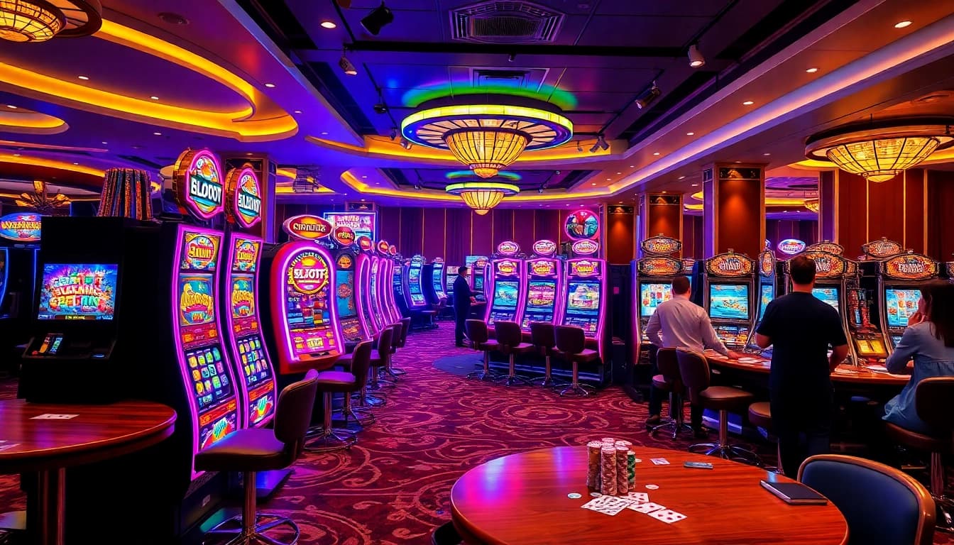 Players enjoying an exciting gaming experience at slot777 casino machines with vibrant lights.
