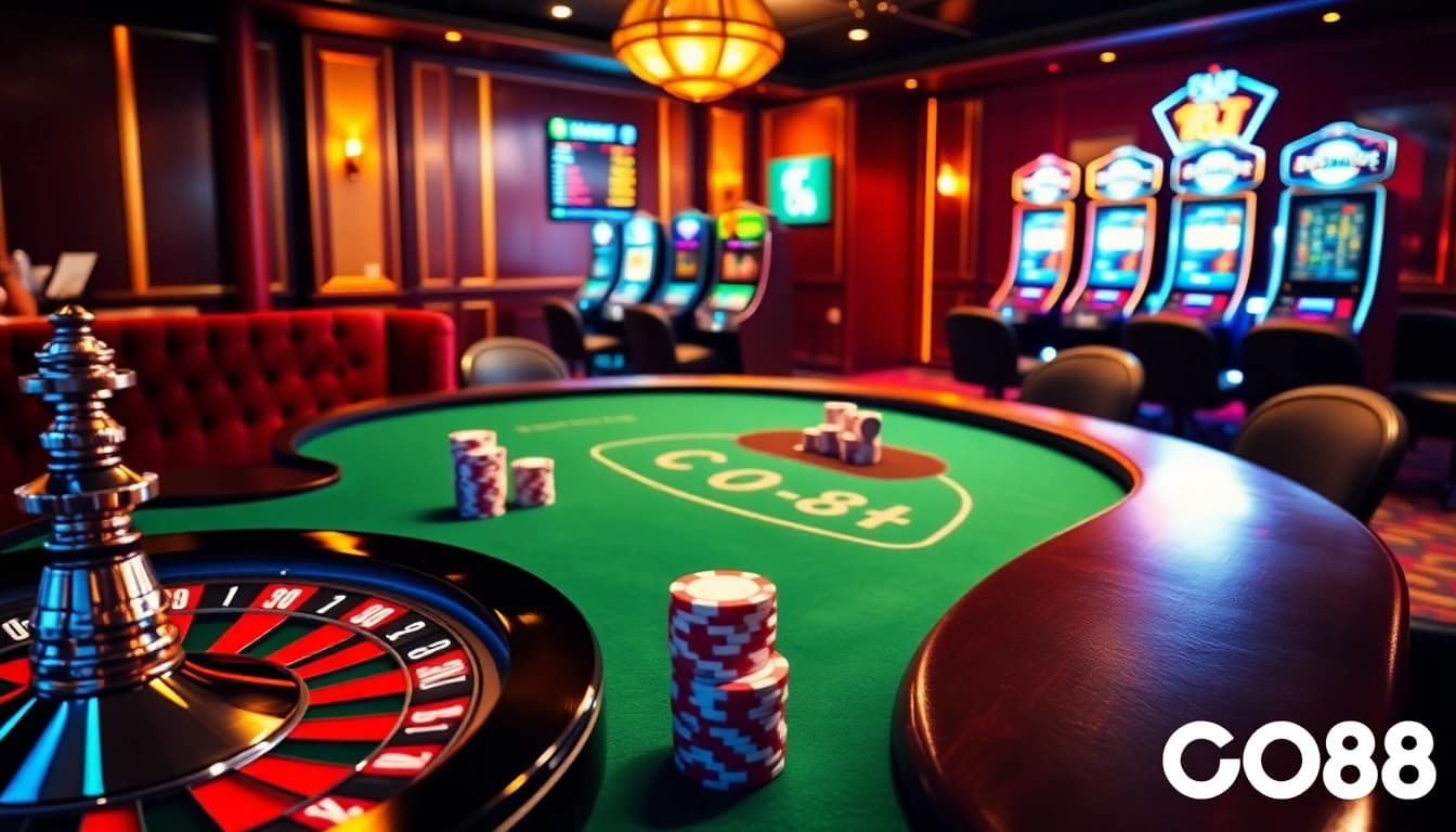 Experience the excitement of GO88 with vibrant casino games, roulette wheels, and poker chips.