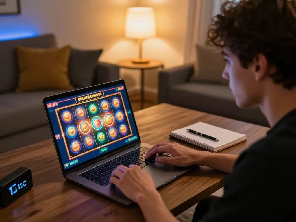 Engaging in slot online with colorful reels spinning on laptop screen in a cozy home setup.