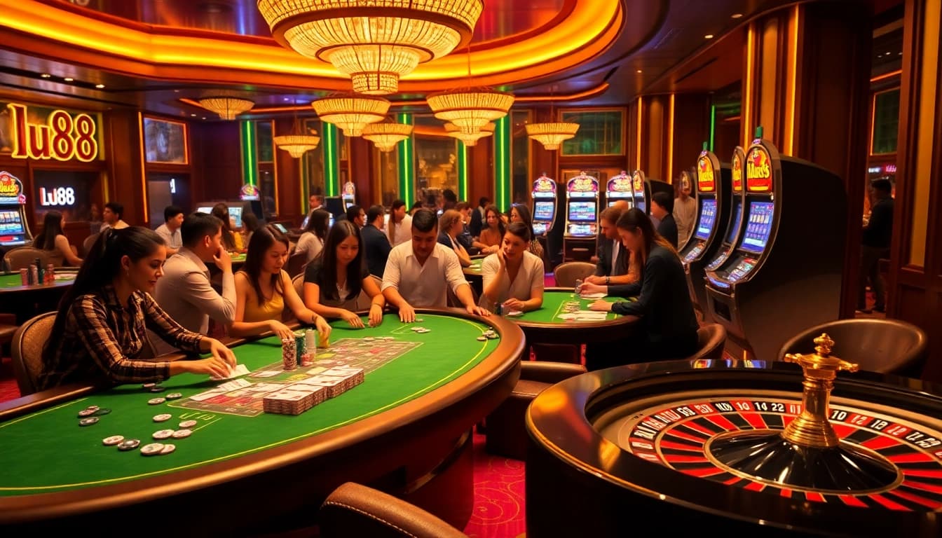 Players enjoying various casino games at lu88, highlighting poker chips and roulette ambiance.
