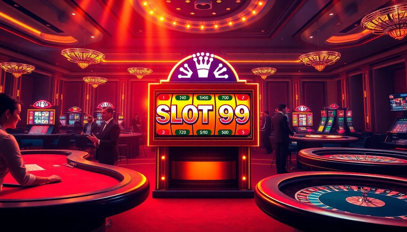 SLOT99 slot machine with winning paylines in a luxurious casino setting, vibrant colors, and exciting ambiance.