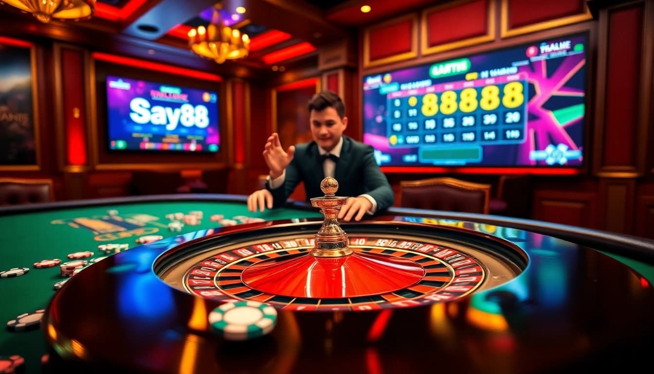 Experience thrilling betting at say88 nhà cái with vibrant casino elements, including roulette and poker chips.