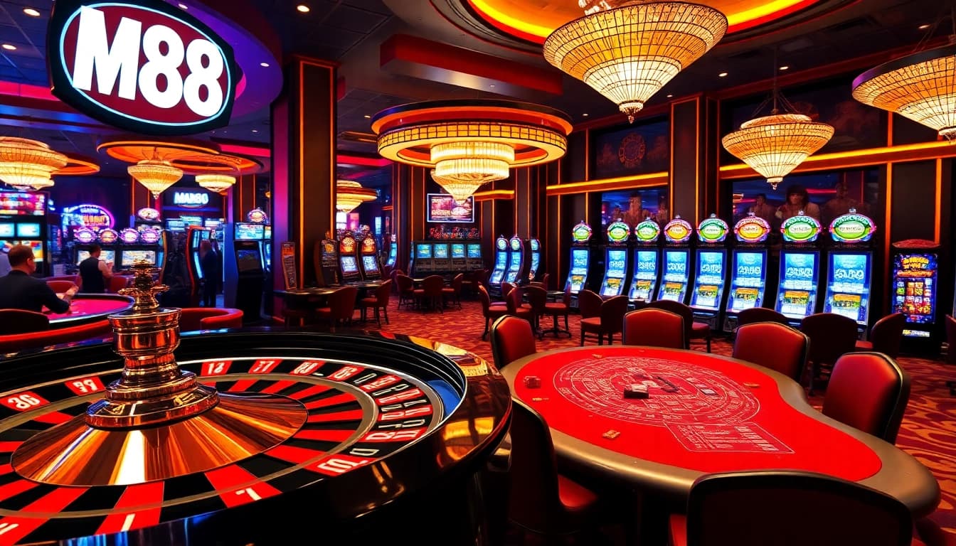 Man88 gaming area featuring an elegant roulette table and vibrant slot machines.