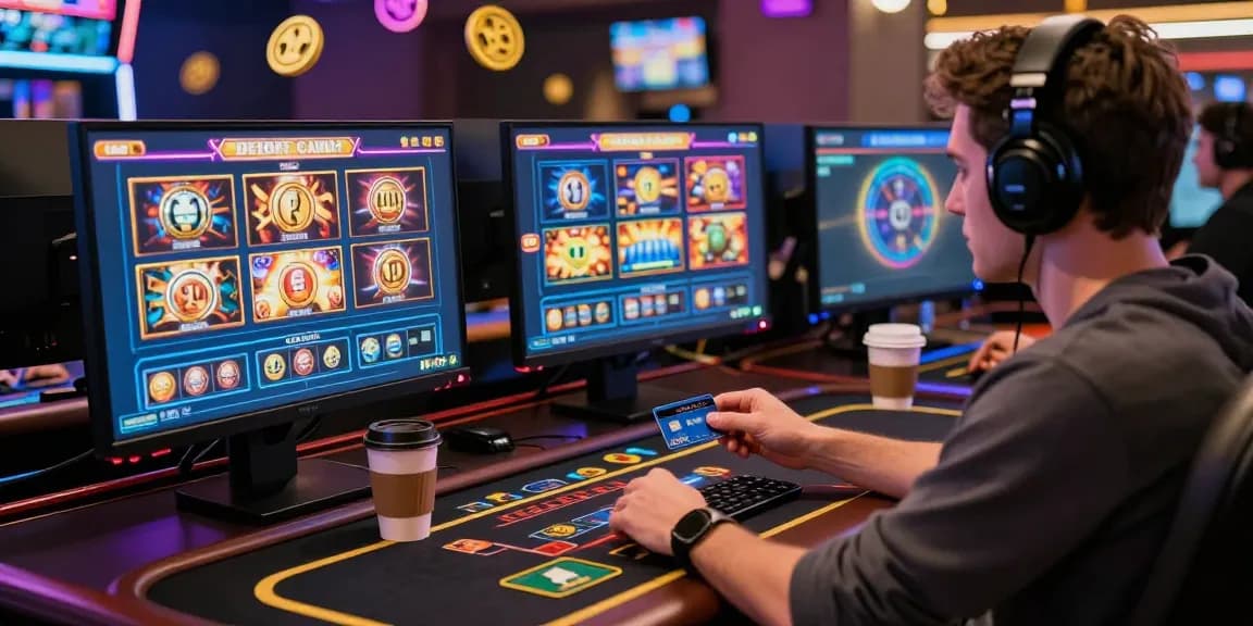 Engaged player at credit card casinos enjoying vibrant online gaming setup with live dealer tables and slot games.
