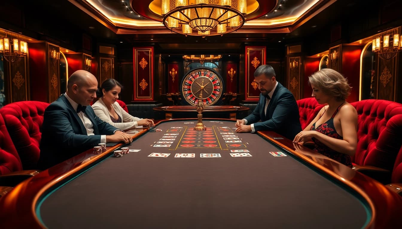 Engage in thrilling poker action at https://www.eejl33.com/, showcasing a vibrant casino atmosphere.