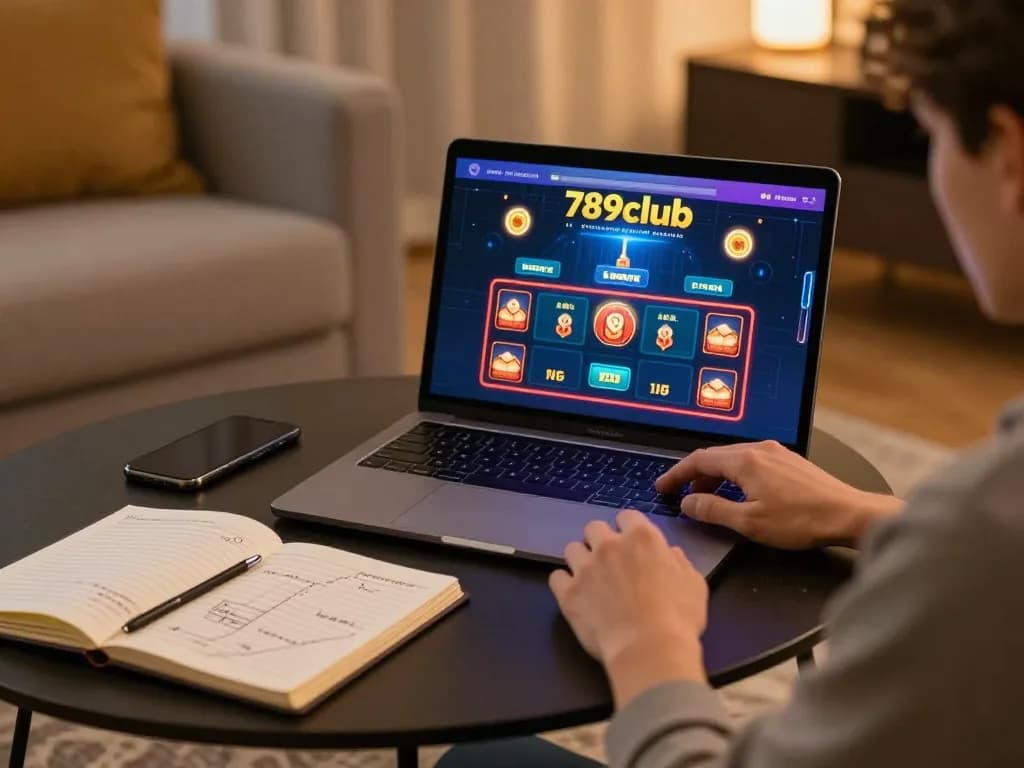 Engaged player using 789club online casino on laptop in cozy home setup with strategy notes.