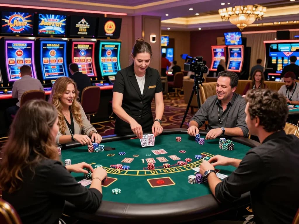 Exciting free credit baccarat gaming scene with players at a lively table engaging with a dealer in a vibrant casino.