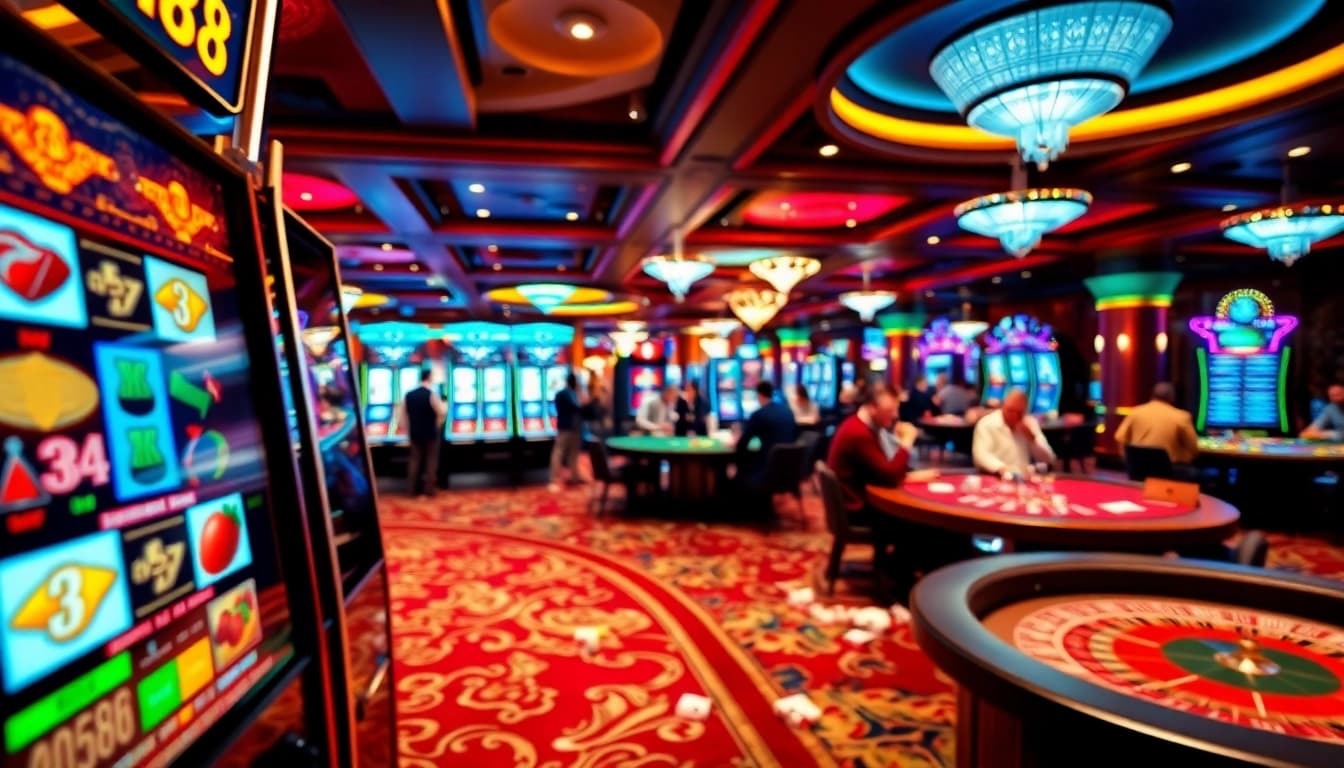 Experience an exciting slot88 game on a vibrant casino floor filled with eager players.