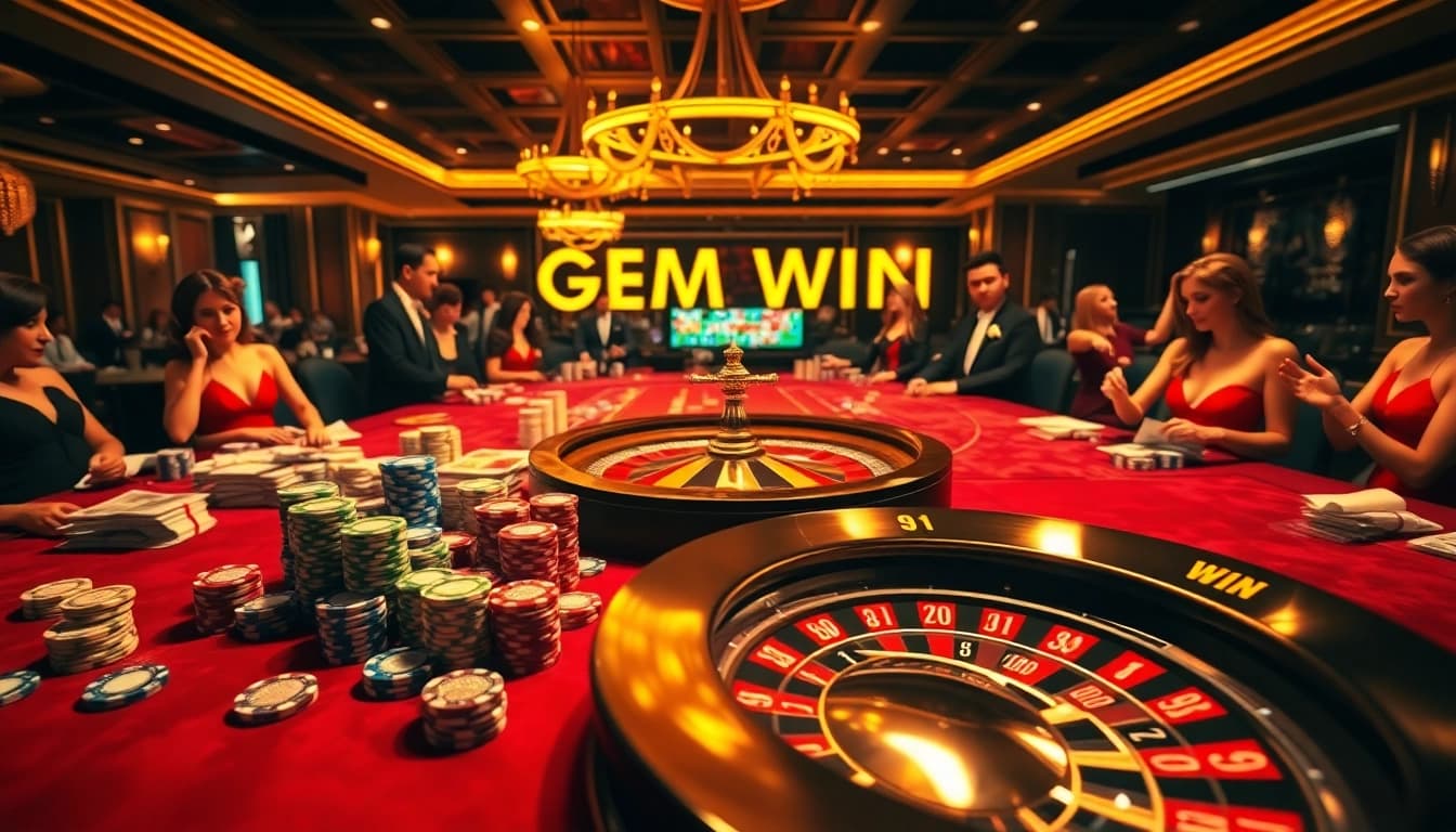 Experience the thrill of GEM WIN at an opulent casino table teeming with vibrant poker chips and cash.