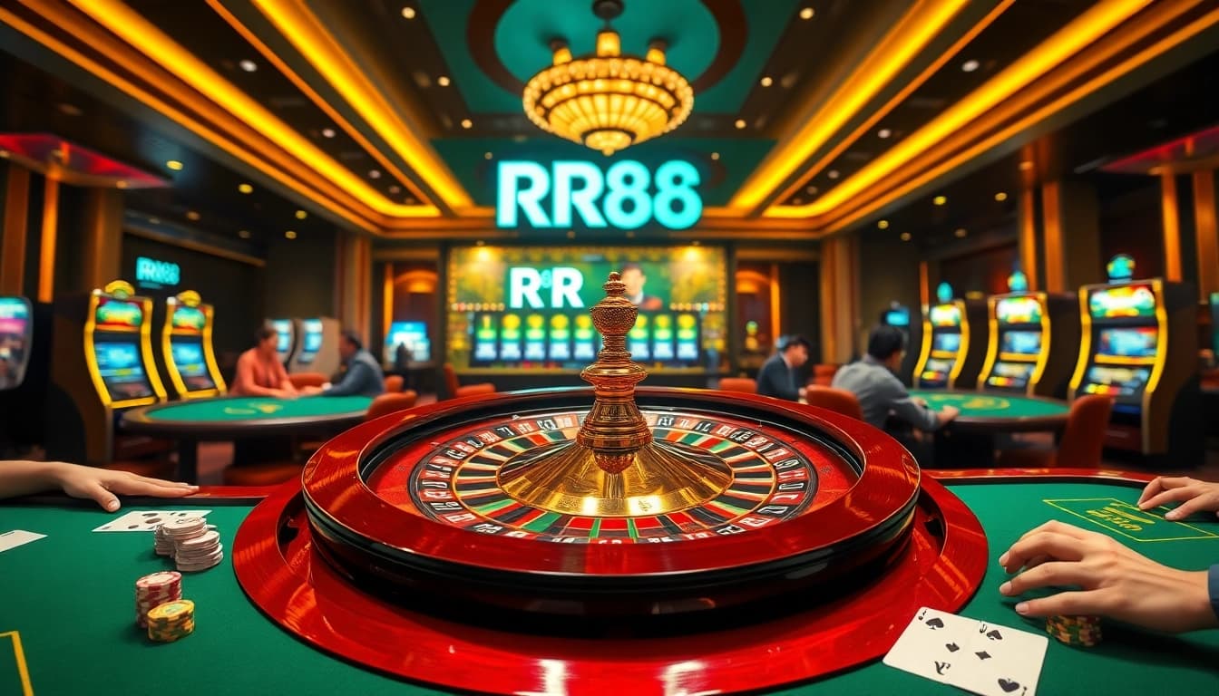 Experience the thrill of RR88 with engaging casino tables and vibrant roulette wheels.