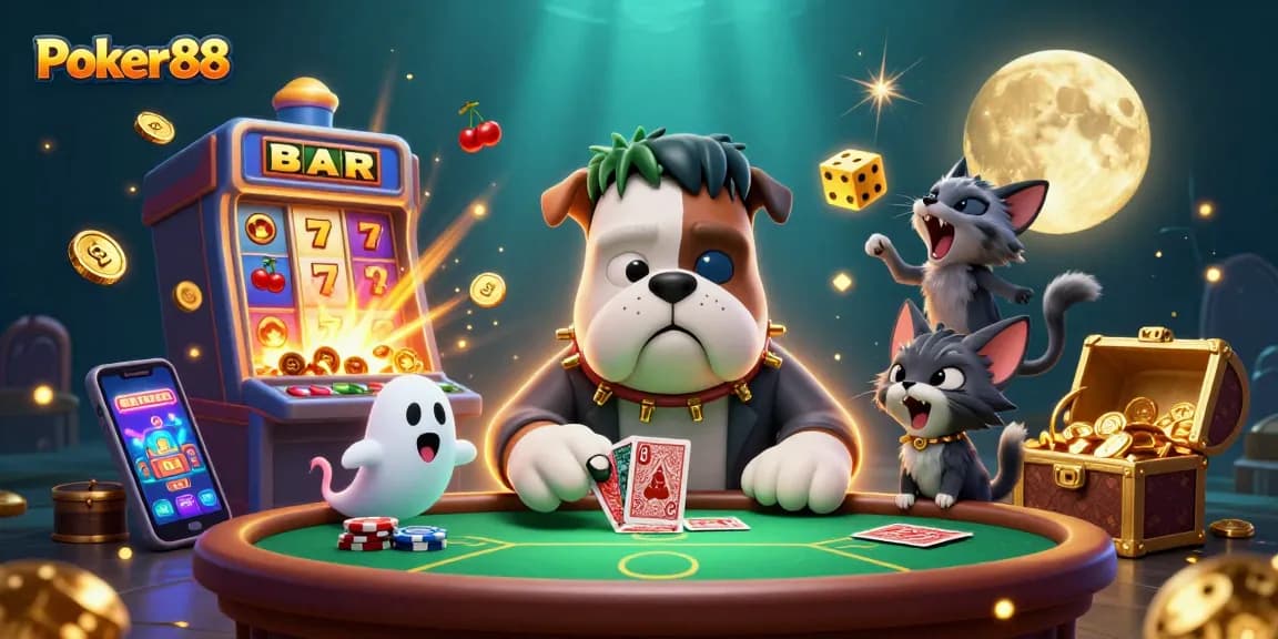 Experience Poker88 with lively characters at an exhilarating casino game table, featuring a flashy jackpot machine.