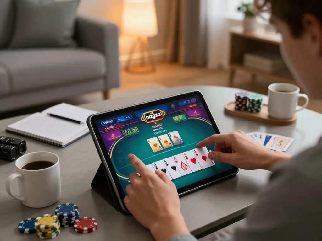 Engaging with nagapoker on a tablet, player strategizing poker bets at home with vibrant interface displayed.