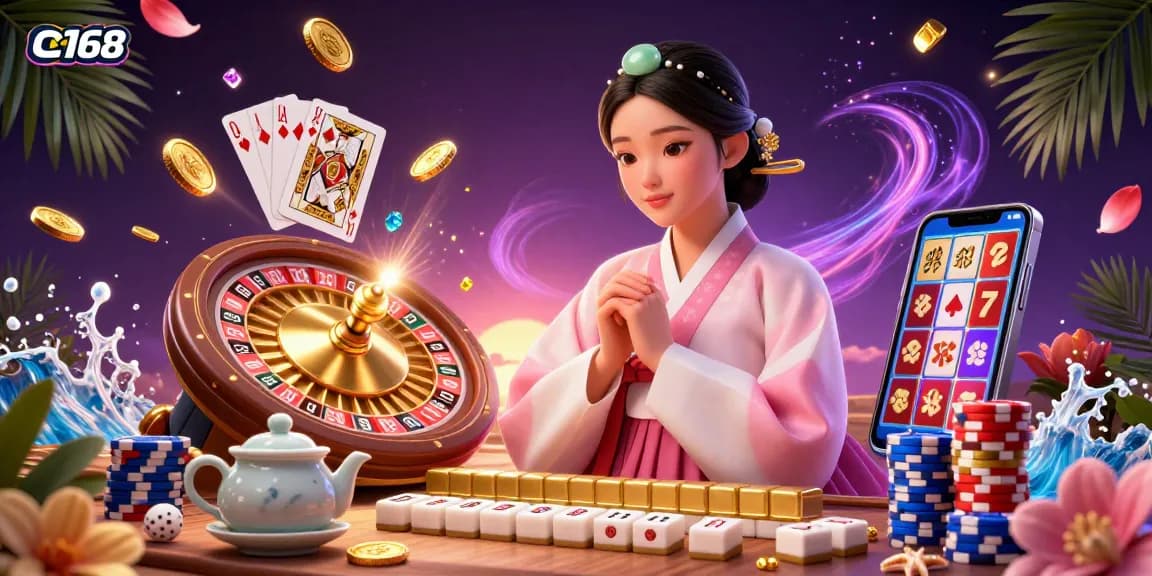 Experience the excitement of c168 with a vibrant casino scene featuring majestic Asian woman and thrilling games.