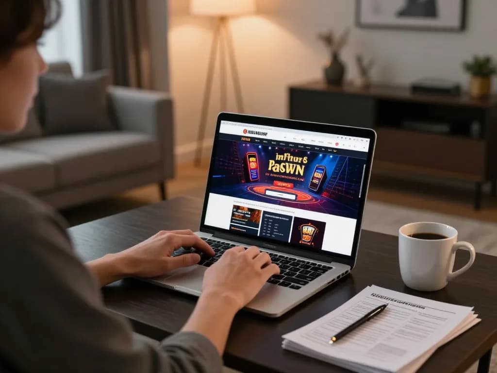 Spinadvisor guides players in online casino gameplay at a stylish home setup.