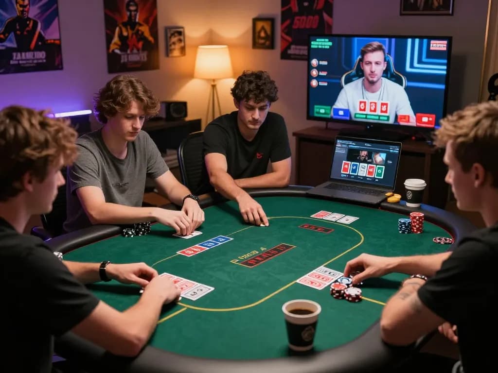 LIGA2000 players engaging in a strategic online poker game at home, focusing on gameplay and responsible entertainment.