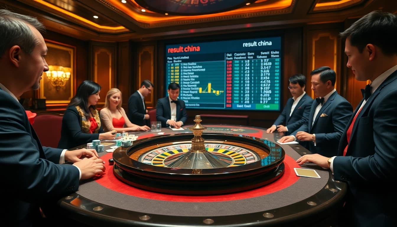 Players eagerly awaiting results at a roulette table, emphasizing 'result china' amidst a vibrant casino atmosphere.