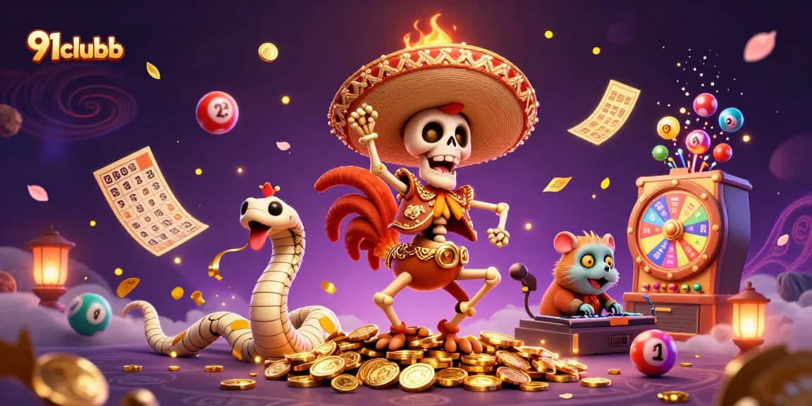 Engage in exciting winnings at 91clubb with vibrant gaming elements and characters in a dynamic atmosphere.