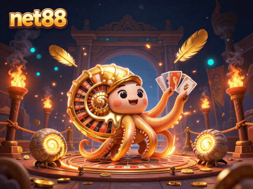 Engage with net88's 3D casino magic featuring a nautilus roulette wheel and glowing cards.