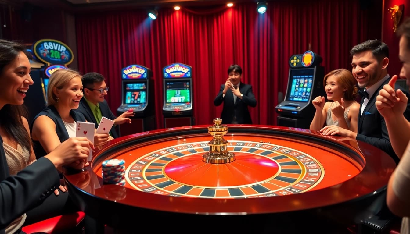 Experience the excitement at 68VIP's luxurious casino with vibrant roulette tables and eager players.