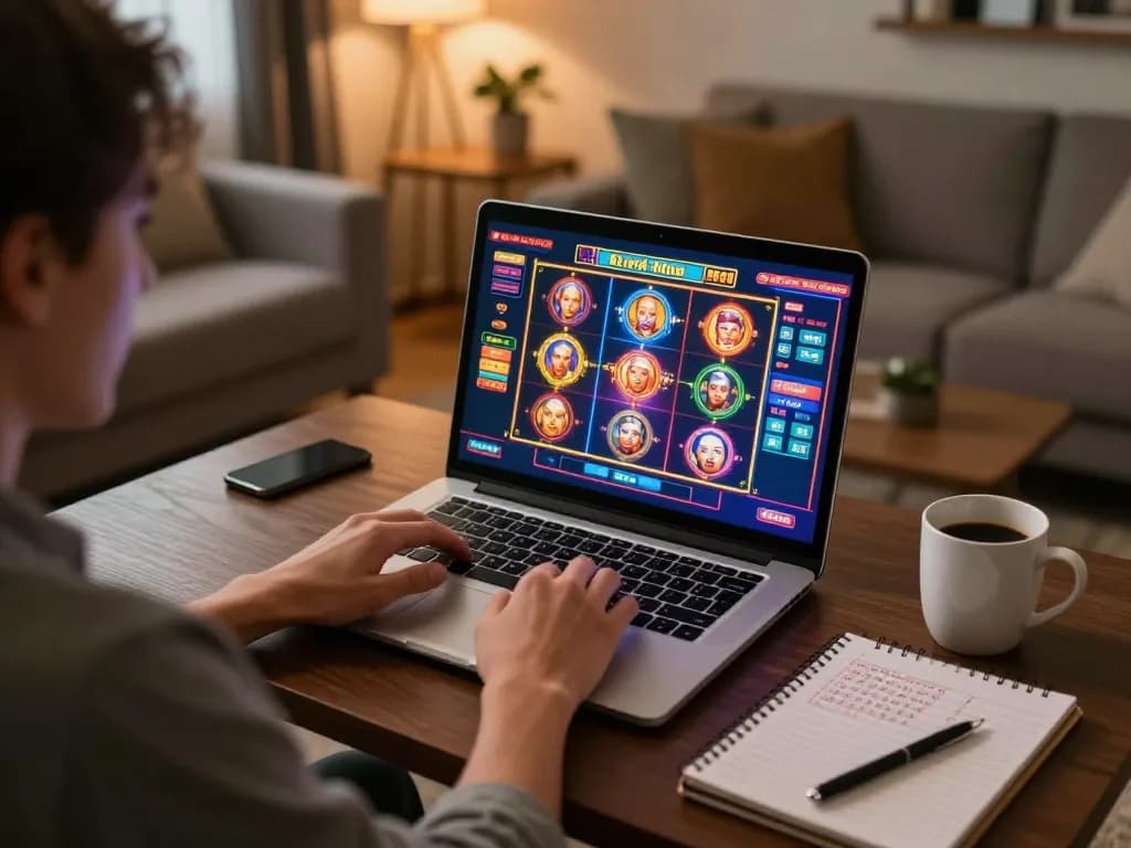 Engaging with situs slot games online in a cozy home environment with colorful graphics.