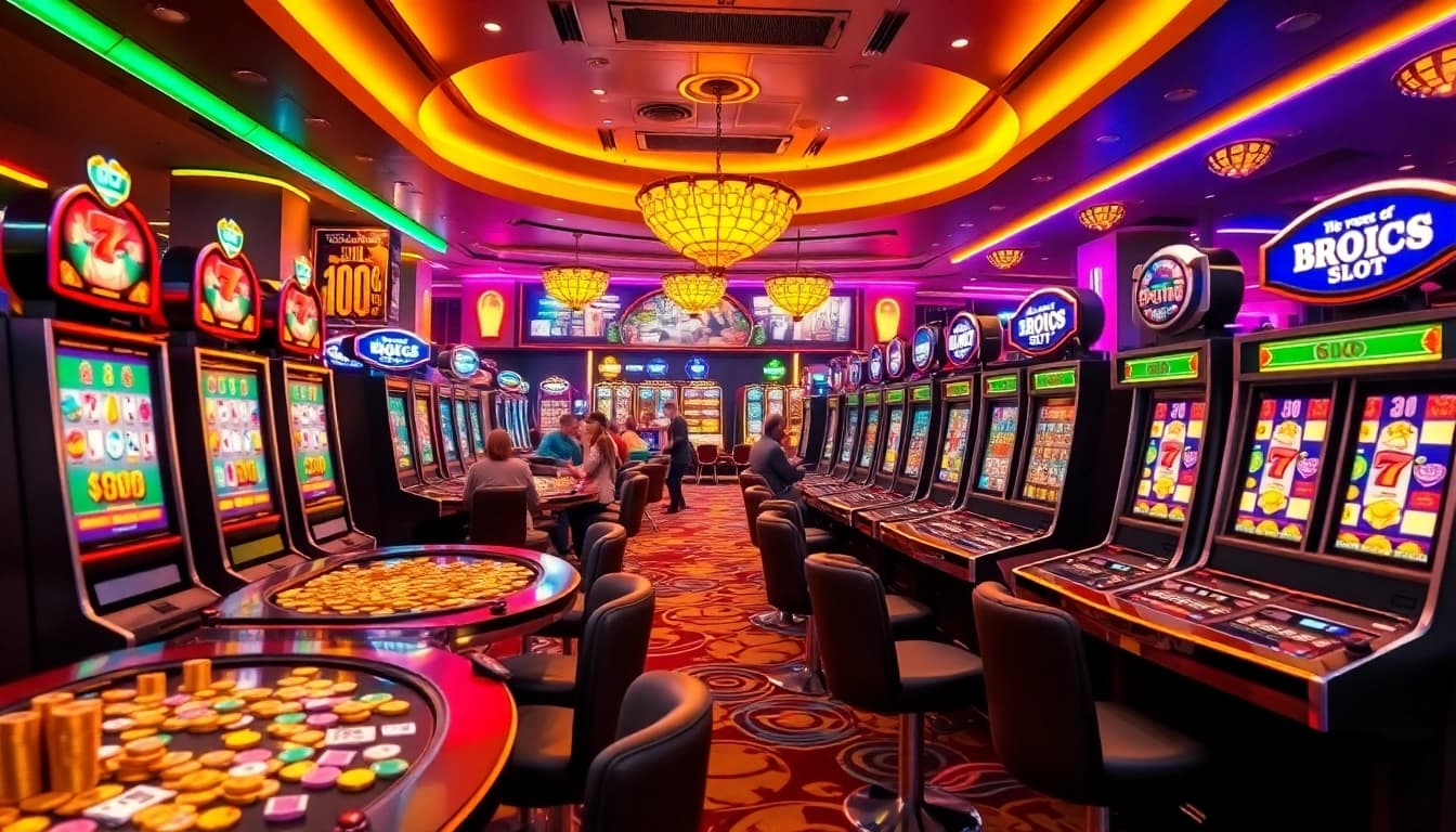 Players enjoying the thrill of bro138 slot machines in a vibrant casino setting.
