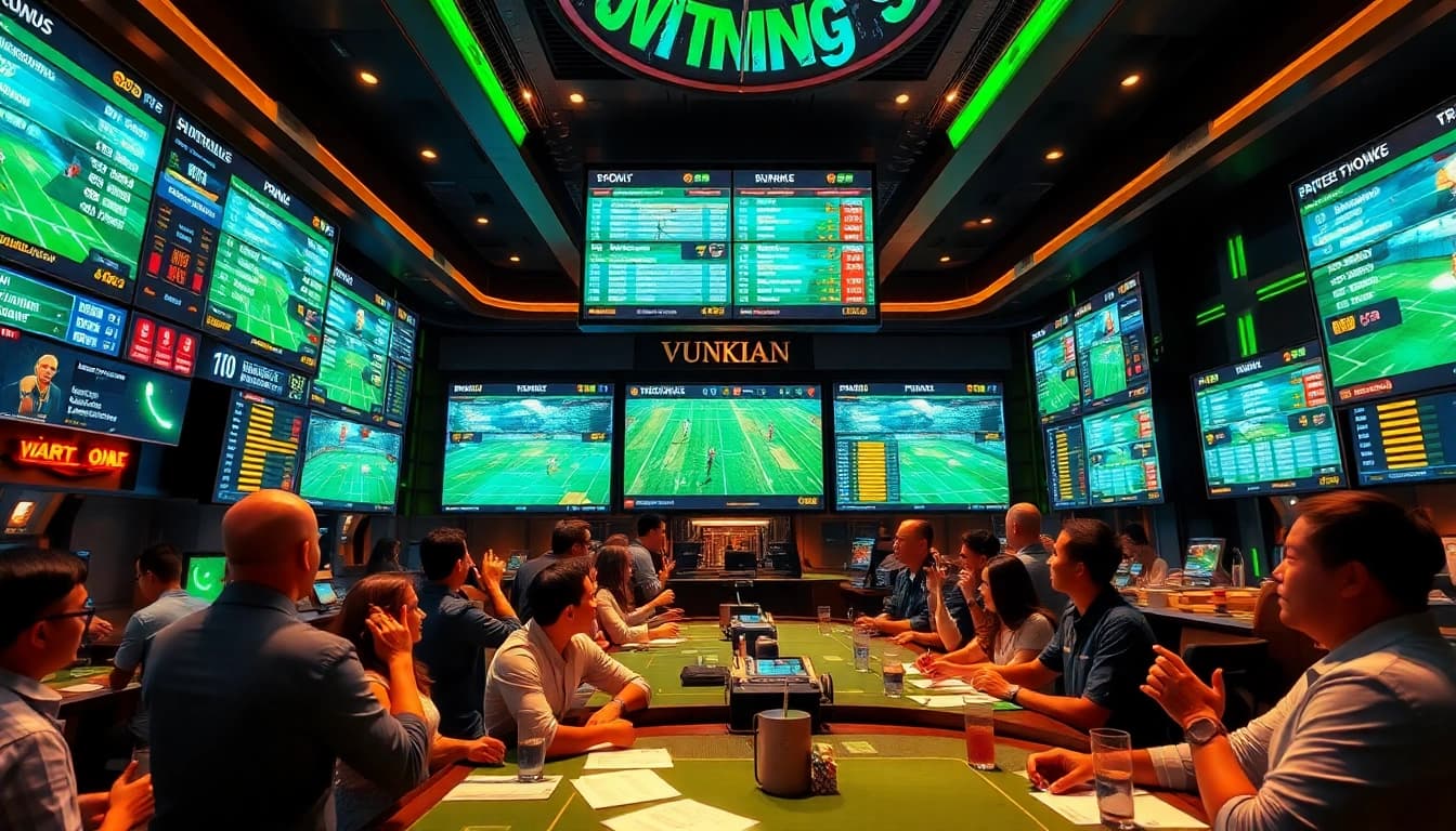 Engaging scene of kèo bóng đá betting with vibrant sportsbook atmosphere and excited fans.