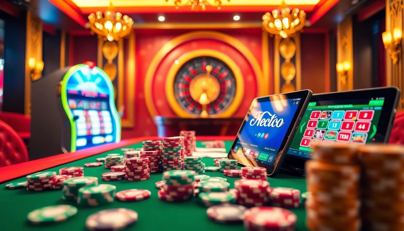 Experience the thrill of qqmacan slot with vibrant casino scenes featuring poker chips and a sleek slot machine.