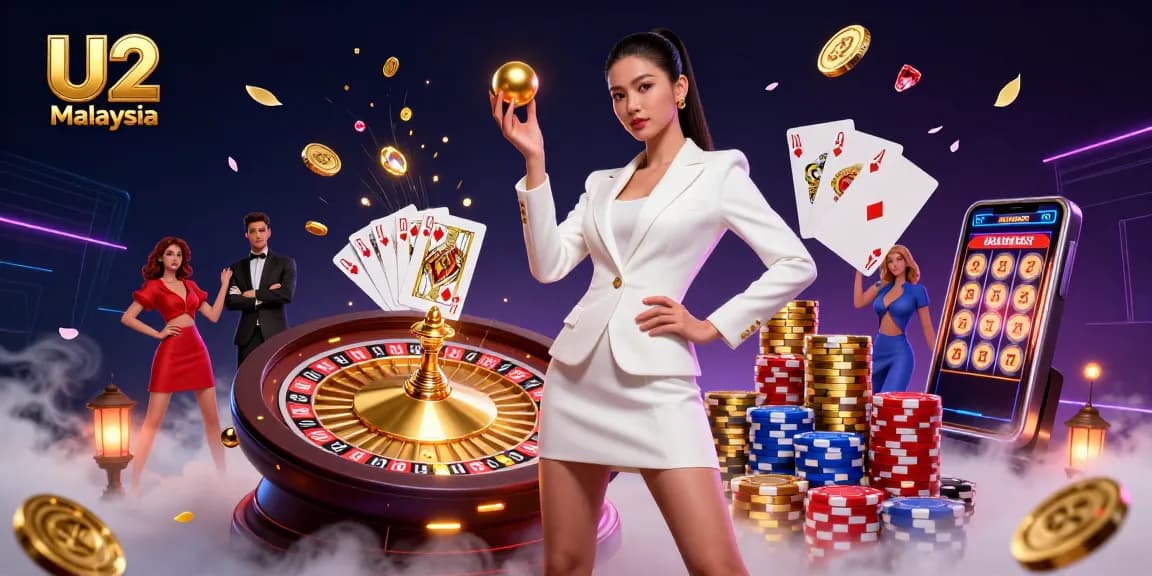 Experience U2 Malaysia with a stunning casino scene featuring an Asian woman holding a roulette ball, surrounded by vibrant gaming elements.