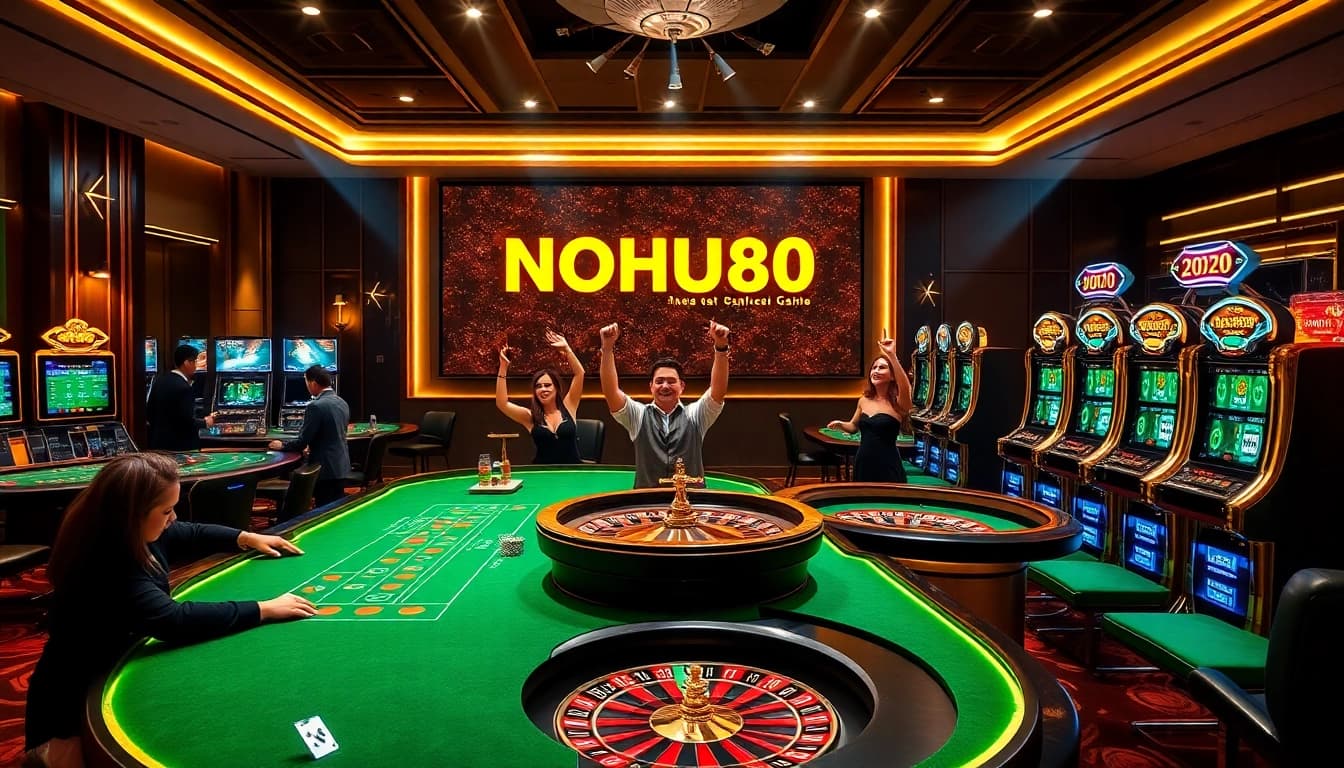 Experience luxury gaming at nhà cái NOHU90 with vibrant casino tables and slot machines.