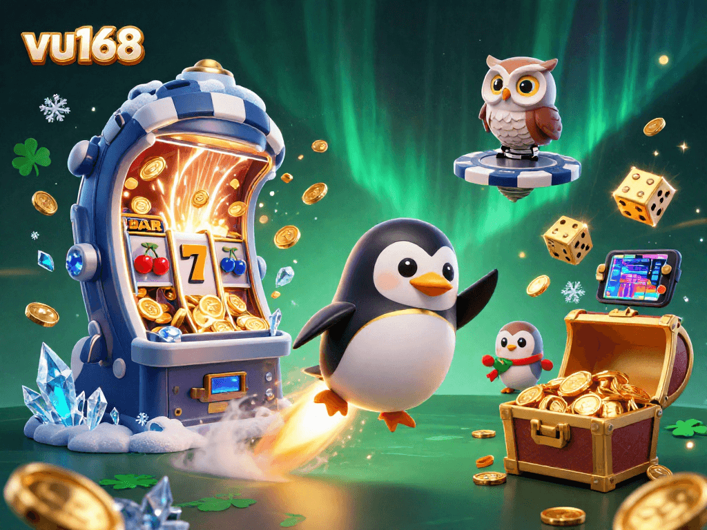 Experience exciting gameplay and winning opportunities with vu168, illustrated by a golden penguin and vibrant casino elements.