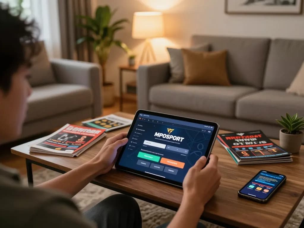 Engaging in MPOSPORT login for online sports betting on a tablet in a cozy home setting.