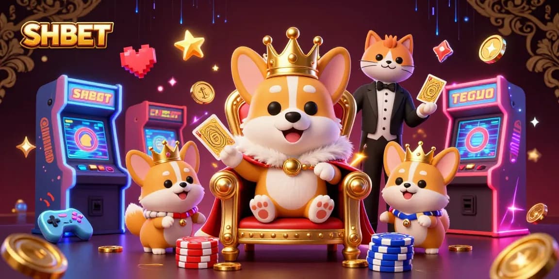 Betting with SH BET in a vibrant 3D casino illustration featuring a royal corgi and dynamic gaming elements.
