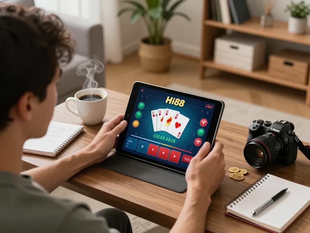 Player enjoying engaging poker game on Hi88 from cozy home setup with tablet and strategy notes.
