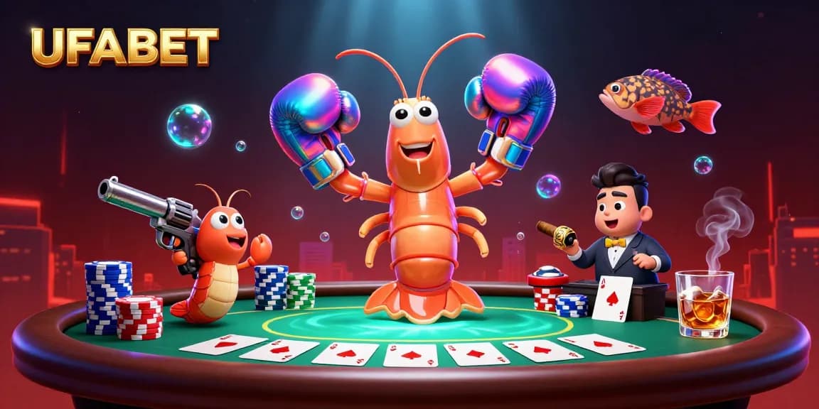 Experience the thrill of UFABET with colorful poker elements and energetic marine characters in a vibrant casino scene.