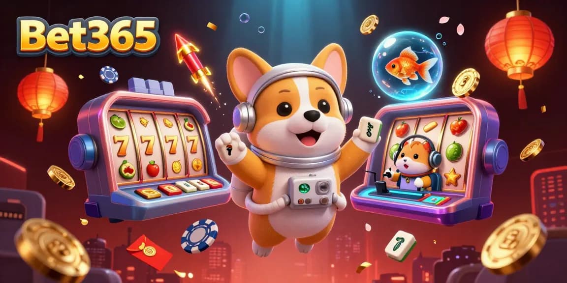 Experience thrilling gameplay at Bet365 with an astronaut corgi in a vibrant casino scene.