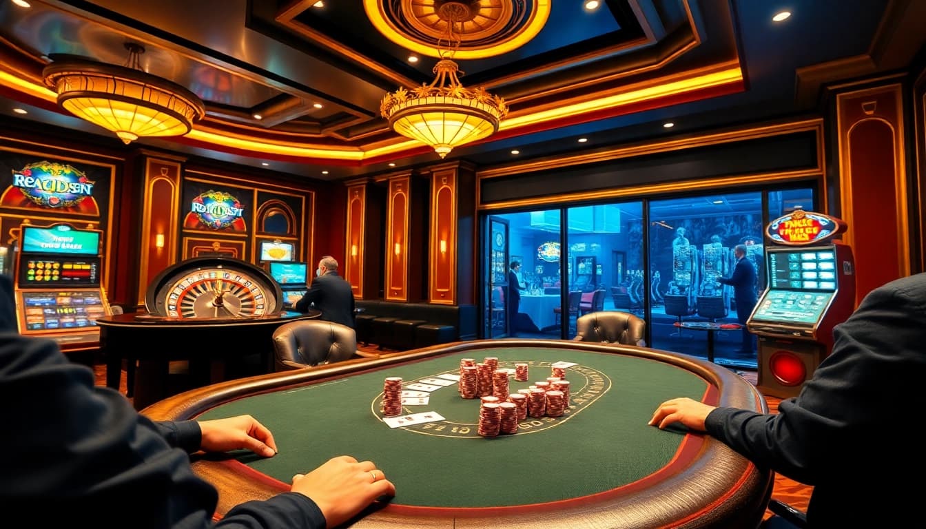 Experience thrilling gameplay on rikvip with vibrant casino tables, cards, and dynamic slot machines.